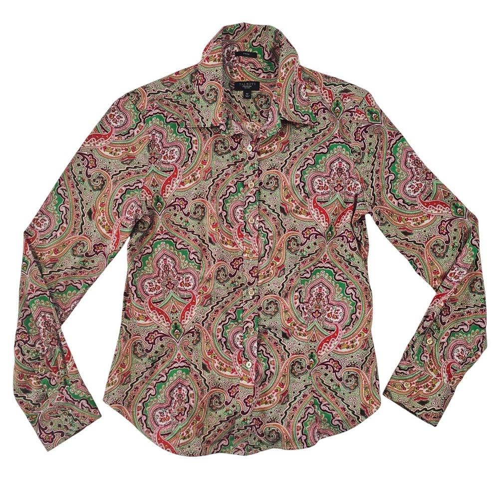 Talbots Petites 6P Paisley Button DownShirt Green Red Long Sleeve Stretch Blouse